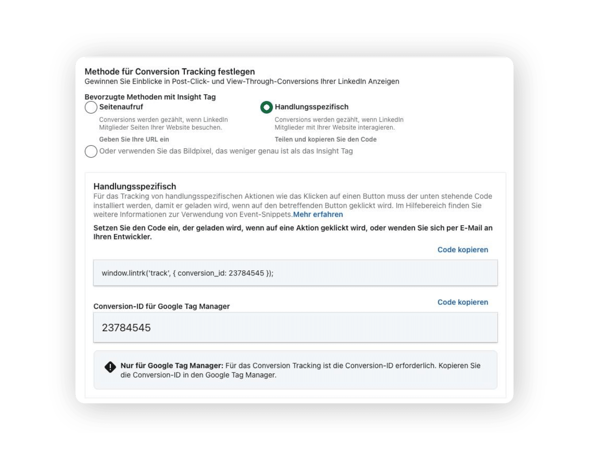 Screenshot: Überblick Conversion Tracking Handlungssepzifisch
