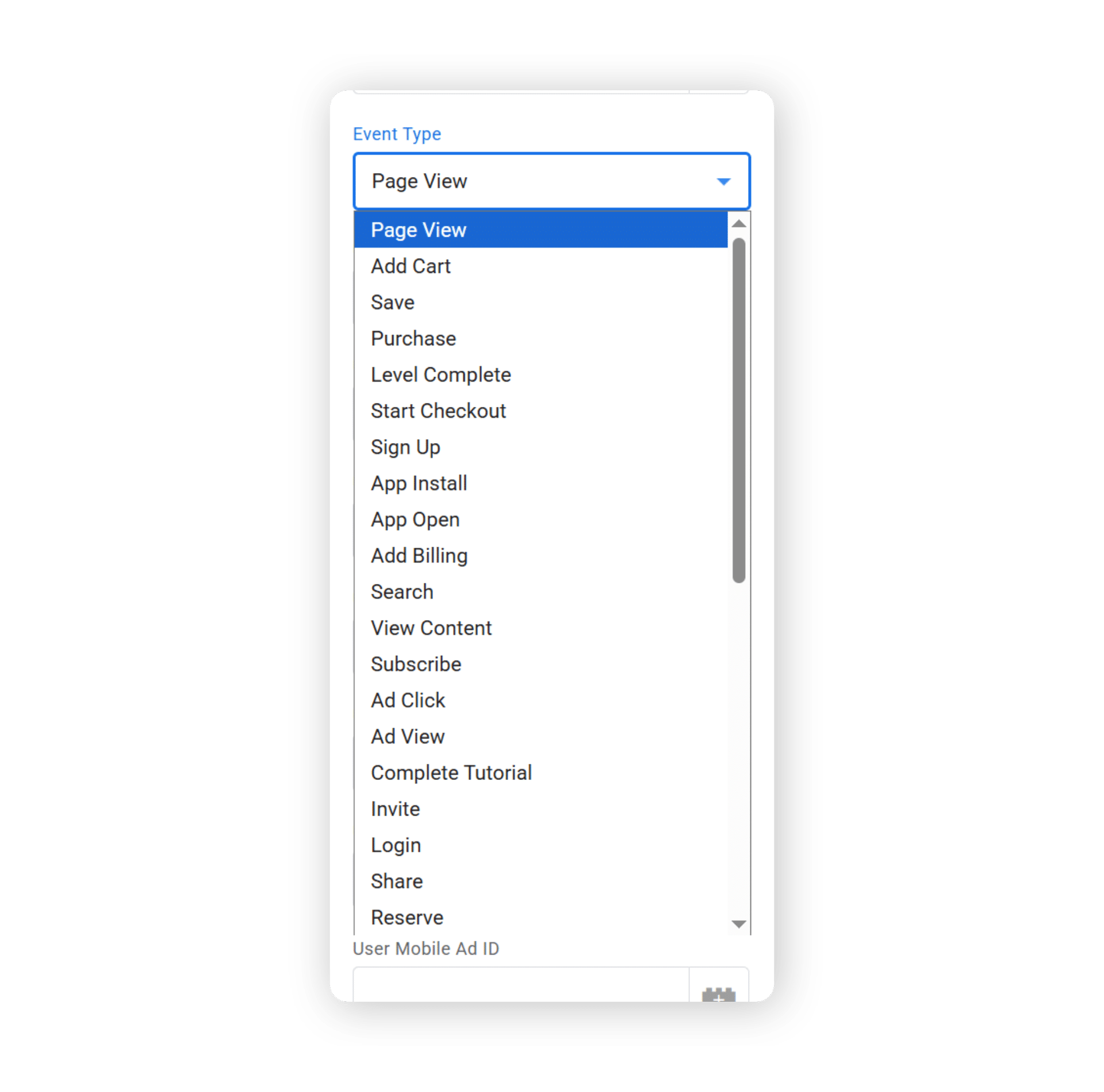 Screenshot: Event Types Auswahl