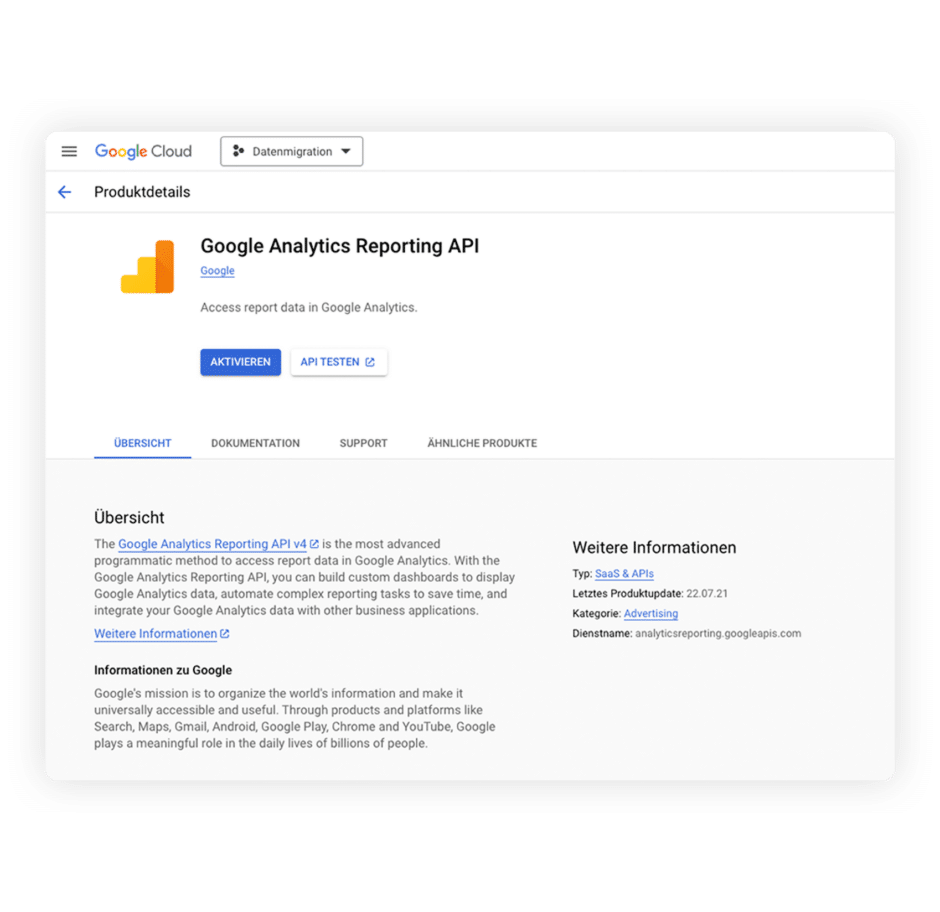 Google Analytics Reporting API aktivieren