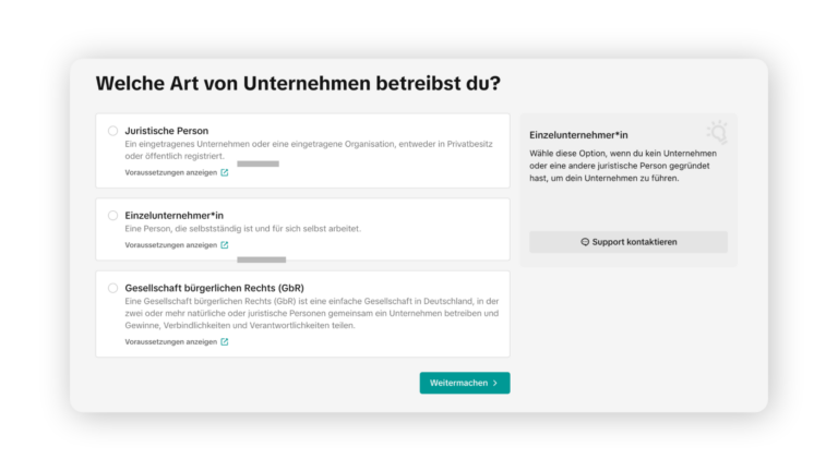 TikTok Shop Juristische Person auswählen